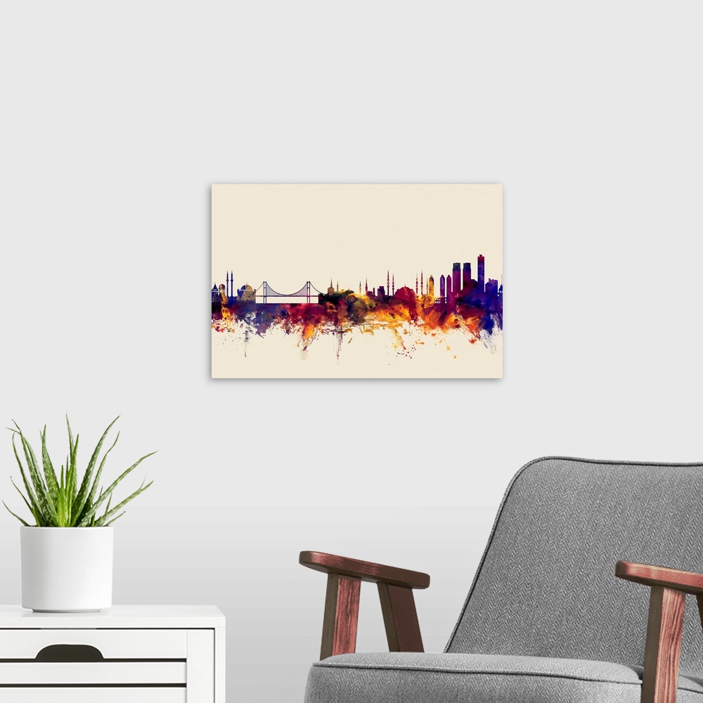A modern room featuring Dark watercolor splattered silhouette of the Istanbul city skyline.