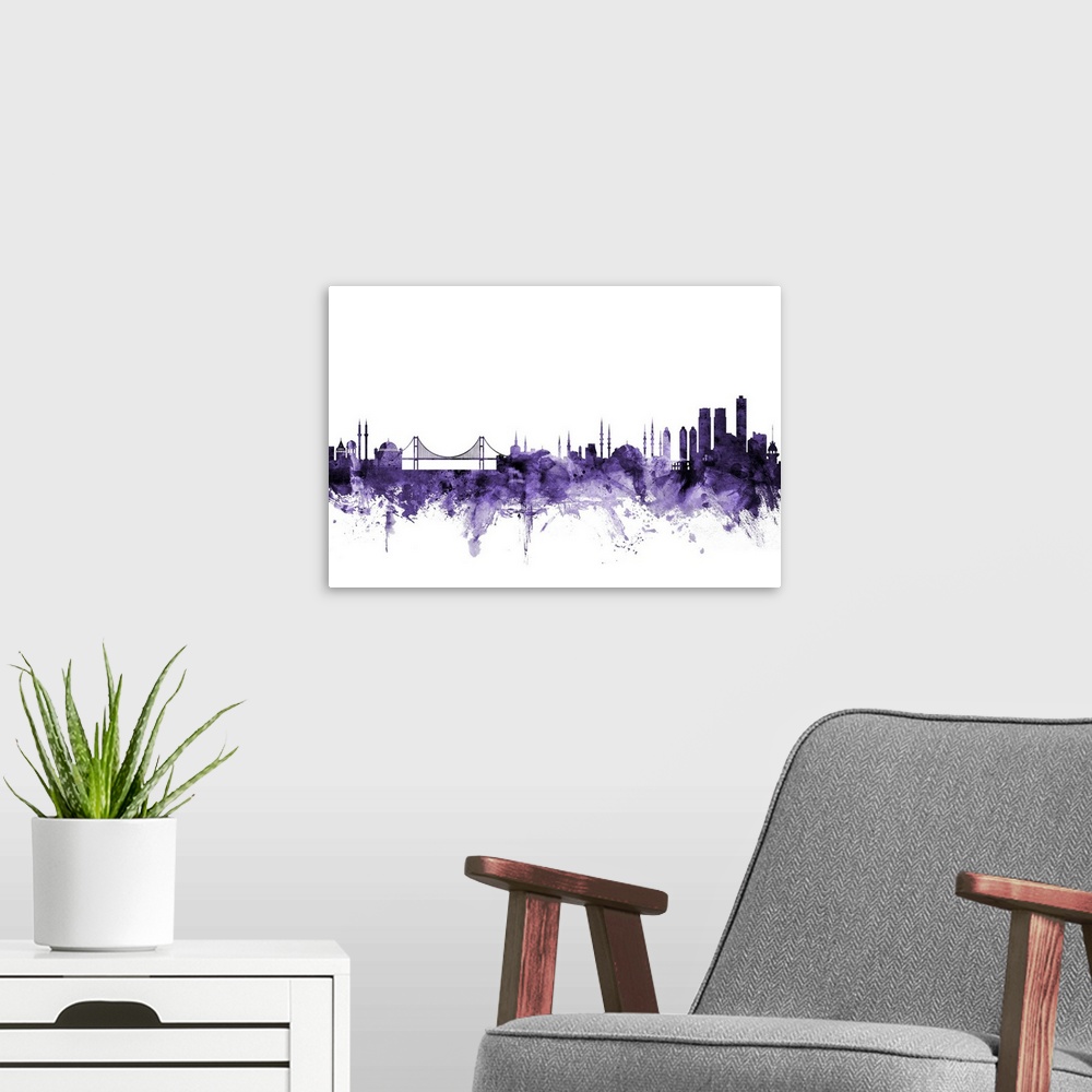 A modern room featuring Watercolor art print of the skyline of Istanbul, Turkey