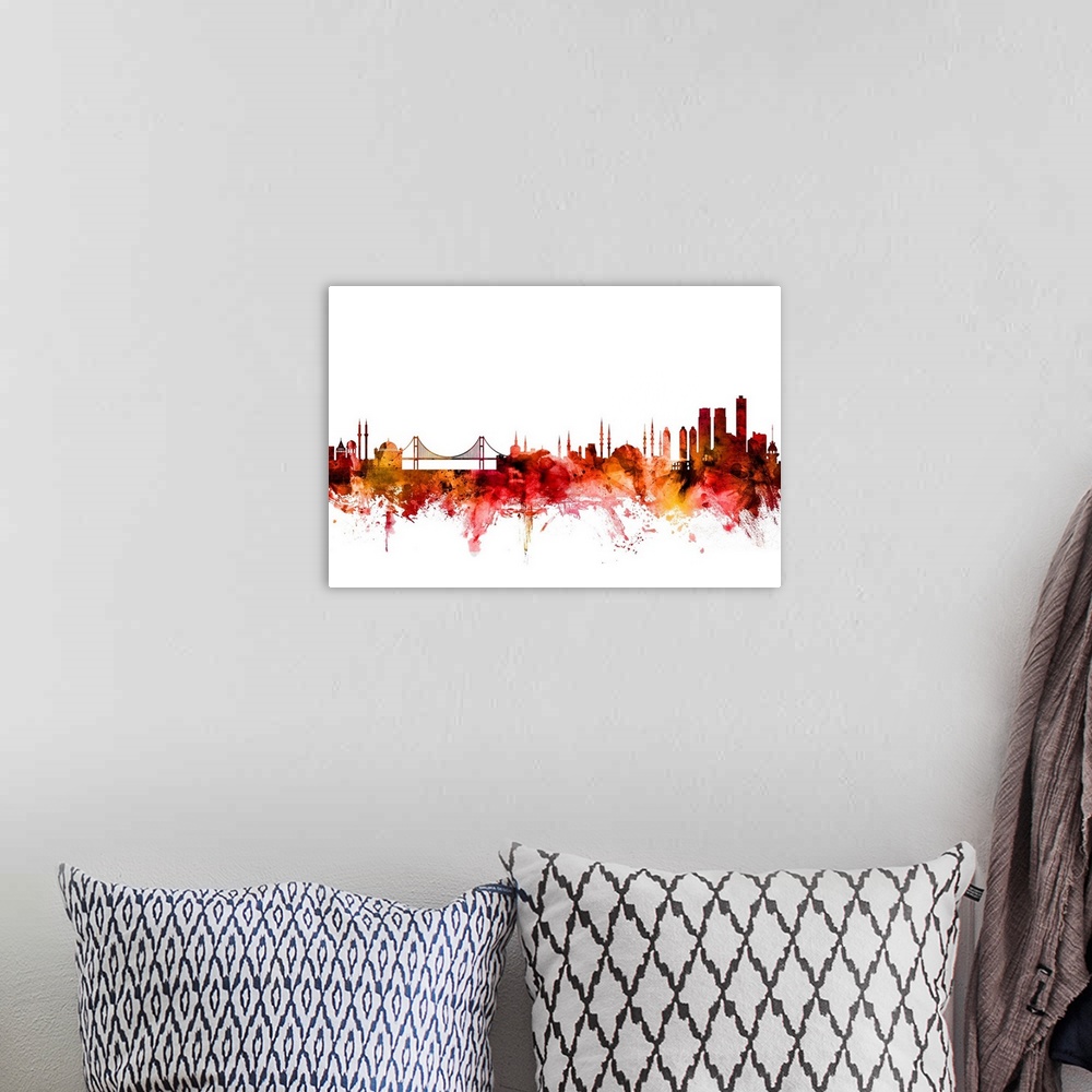 A bohemian room featuring Watercolor art print of the skyline of Istanbul, Turkey.