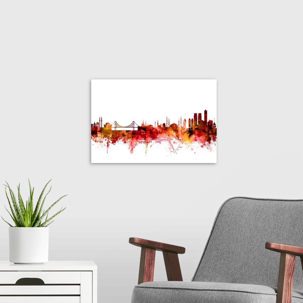 A modern room featuring Watercolor art print of the skyline of Istanbul, Turkey.