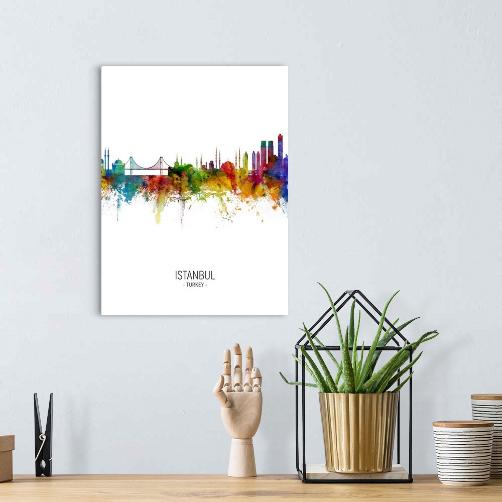 A bohemian room featuring Watercolor art print of the skyline of Istanbul, Turkey