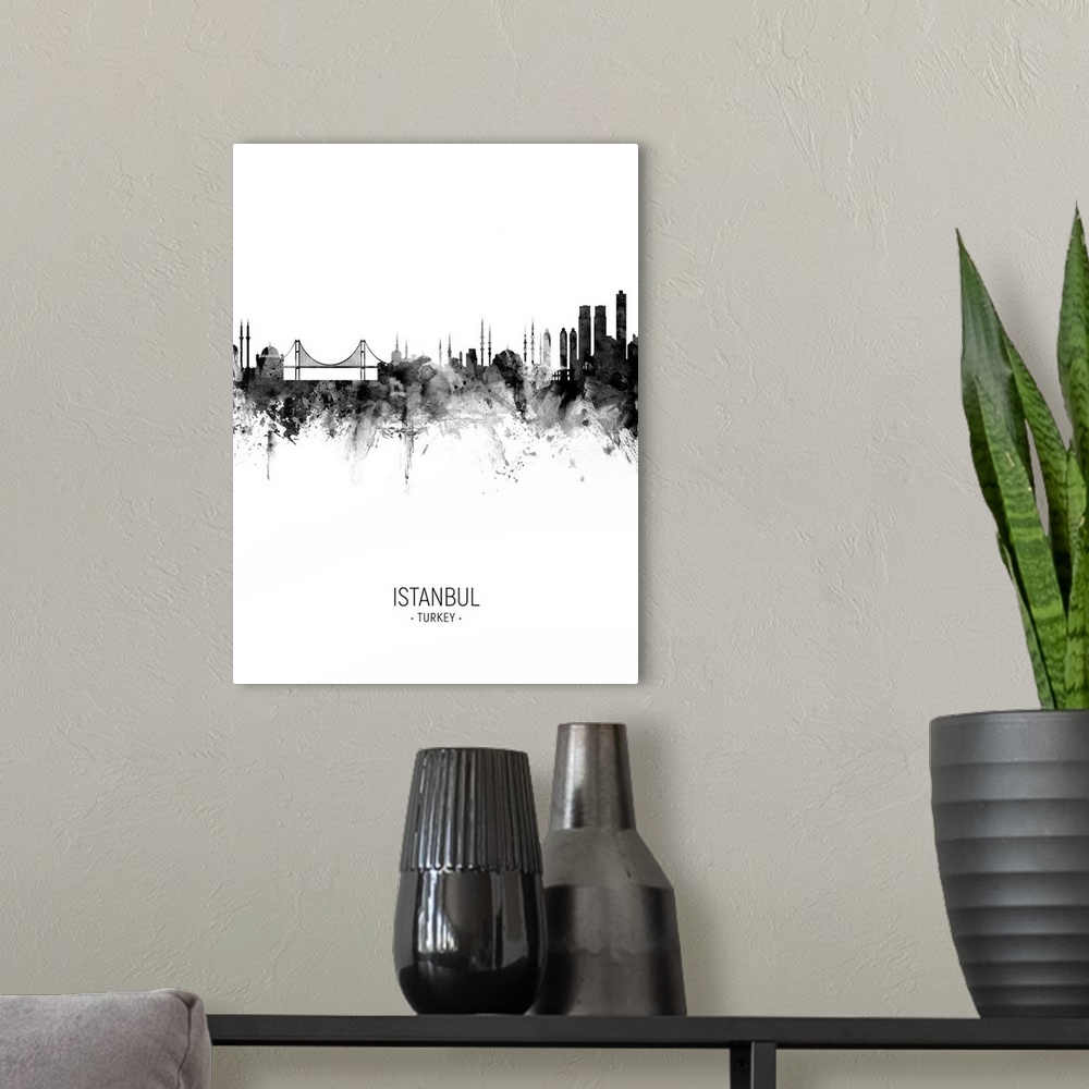A modern room featuring Watercolor art print of the skyline of Istanbul, Turkey