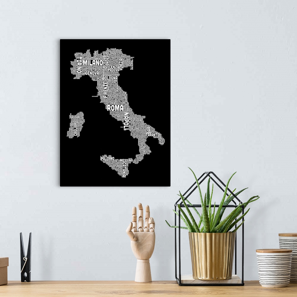 A bohemian room featuring Italian Cities Text Map, Black and White