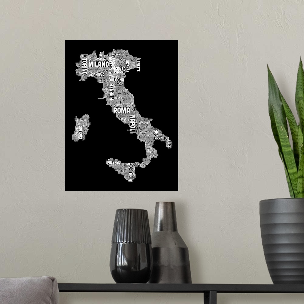 A modern room featuring Italian Cities Text Map, Black and White
