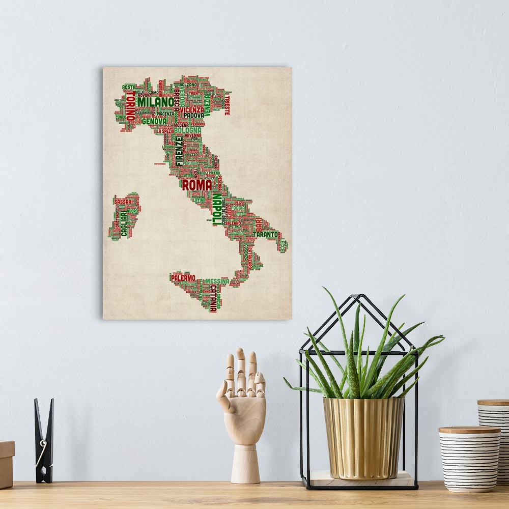A bohemian room featuring Italian Cities Text Map, Italian Colors on Parchment