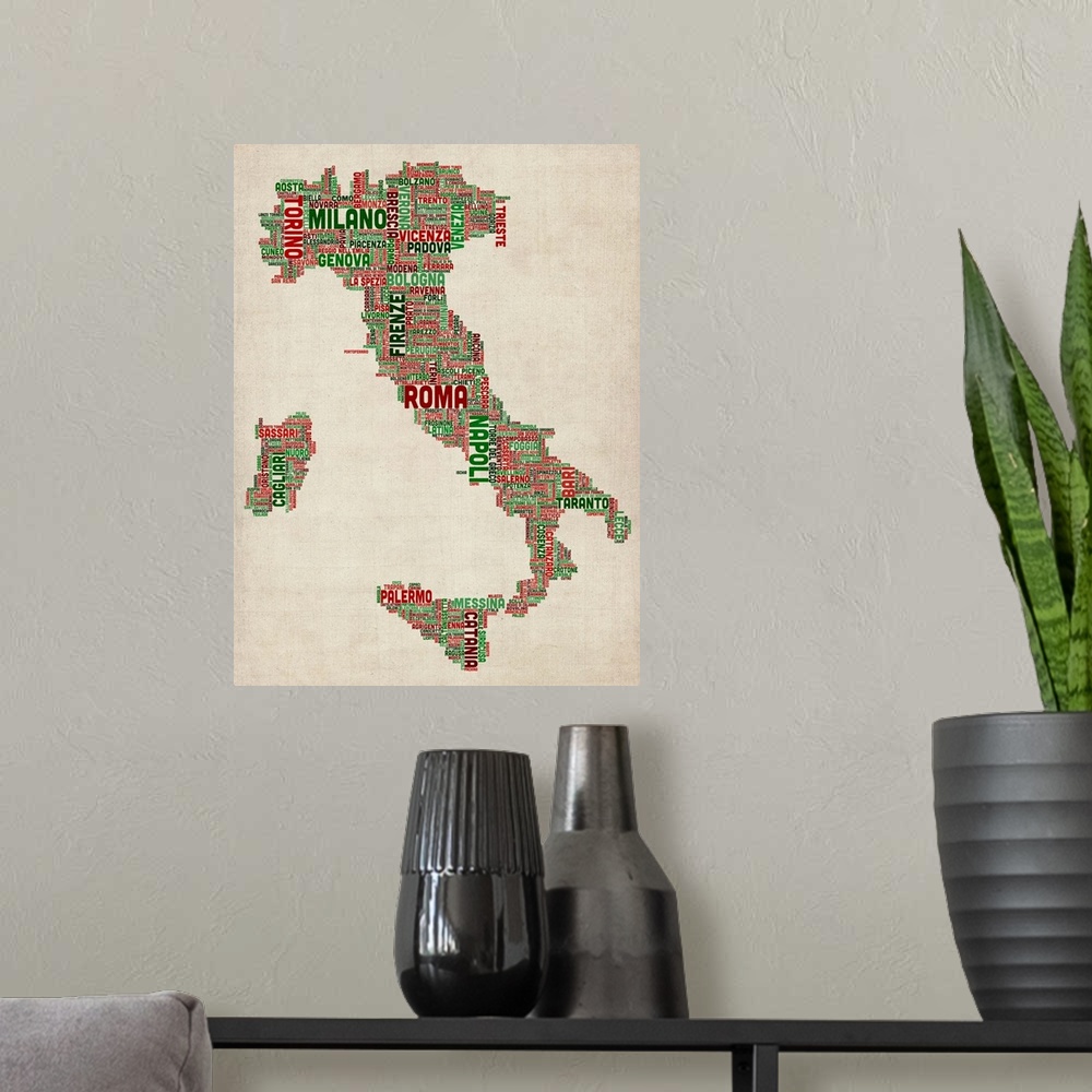 A modern room featuring Italian Cities Text Map, Italian Colors on Parchment