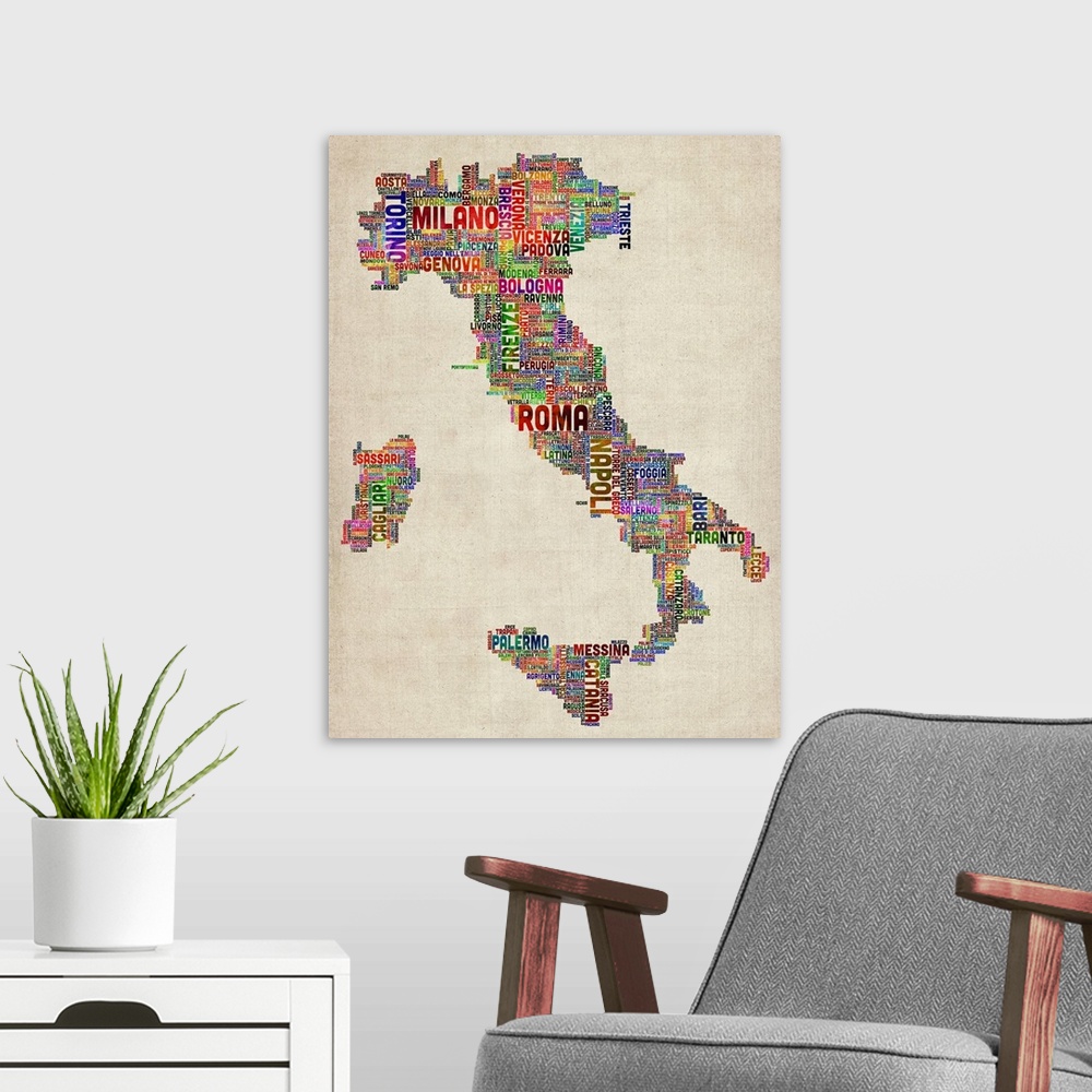 A modern room featuring Typography art depicting the country of Italy composed completely out of the names of cities in a...