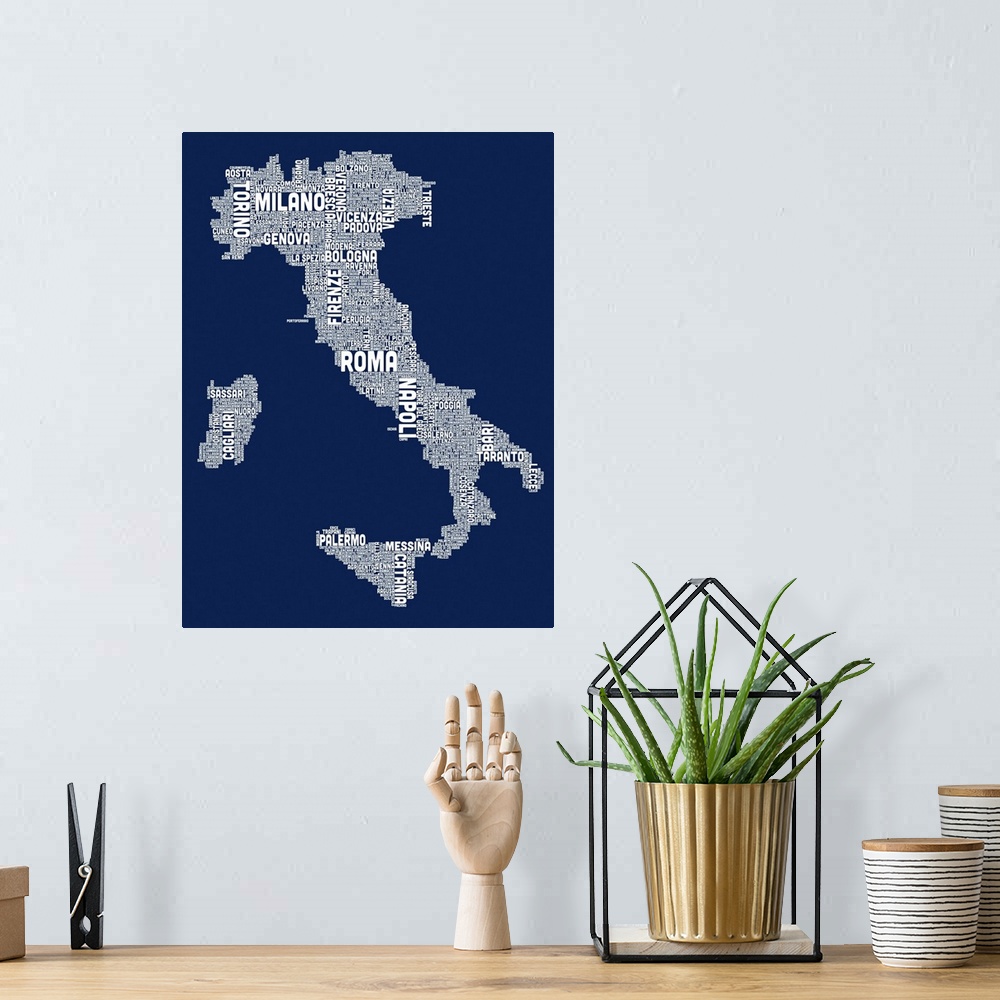A bohemian room featuring Italian Cities Text Map, Navy