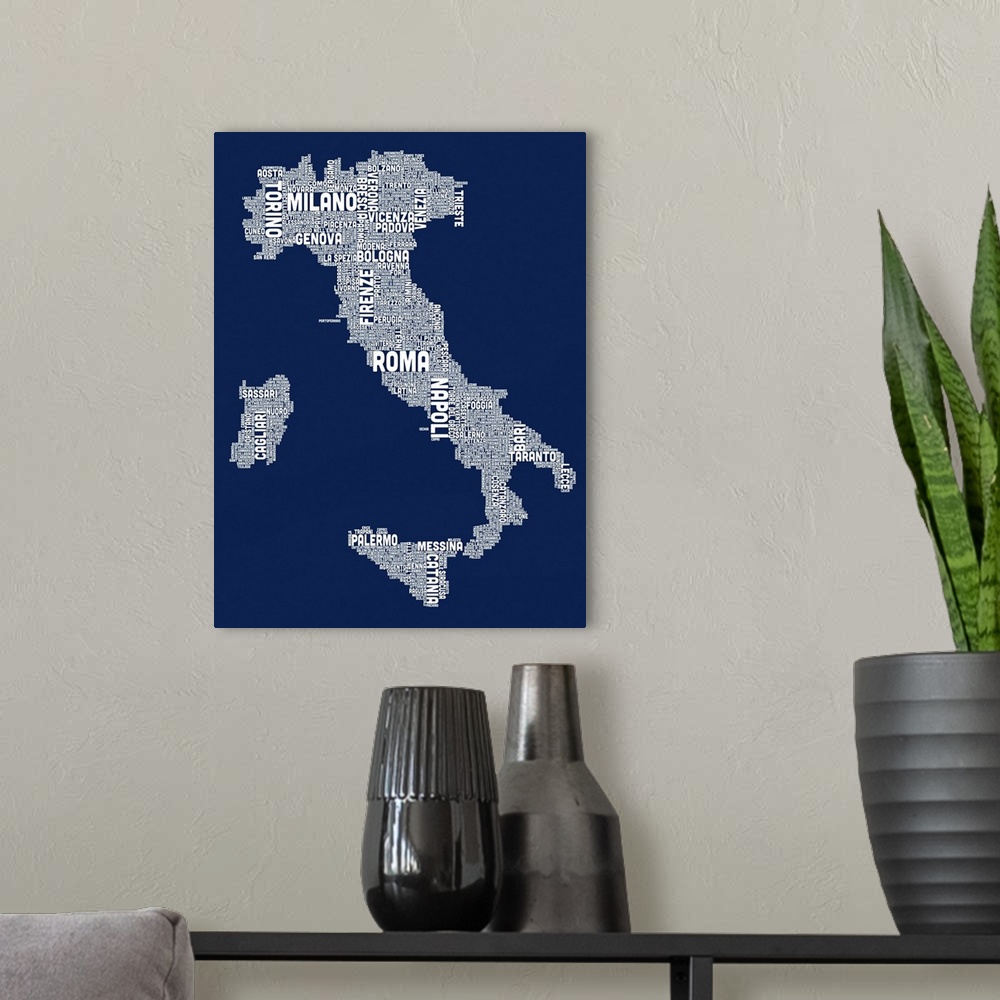 A modern room featuring Italian Cities Text Map, Navy