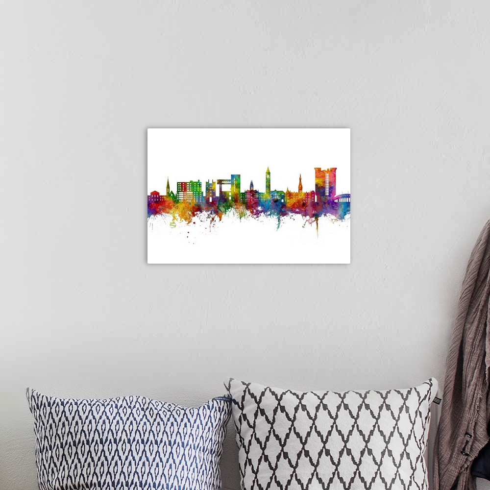A bohemian room featuring Watercolor art print of the skyline of Ithaca, New York, United States