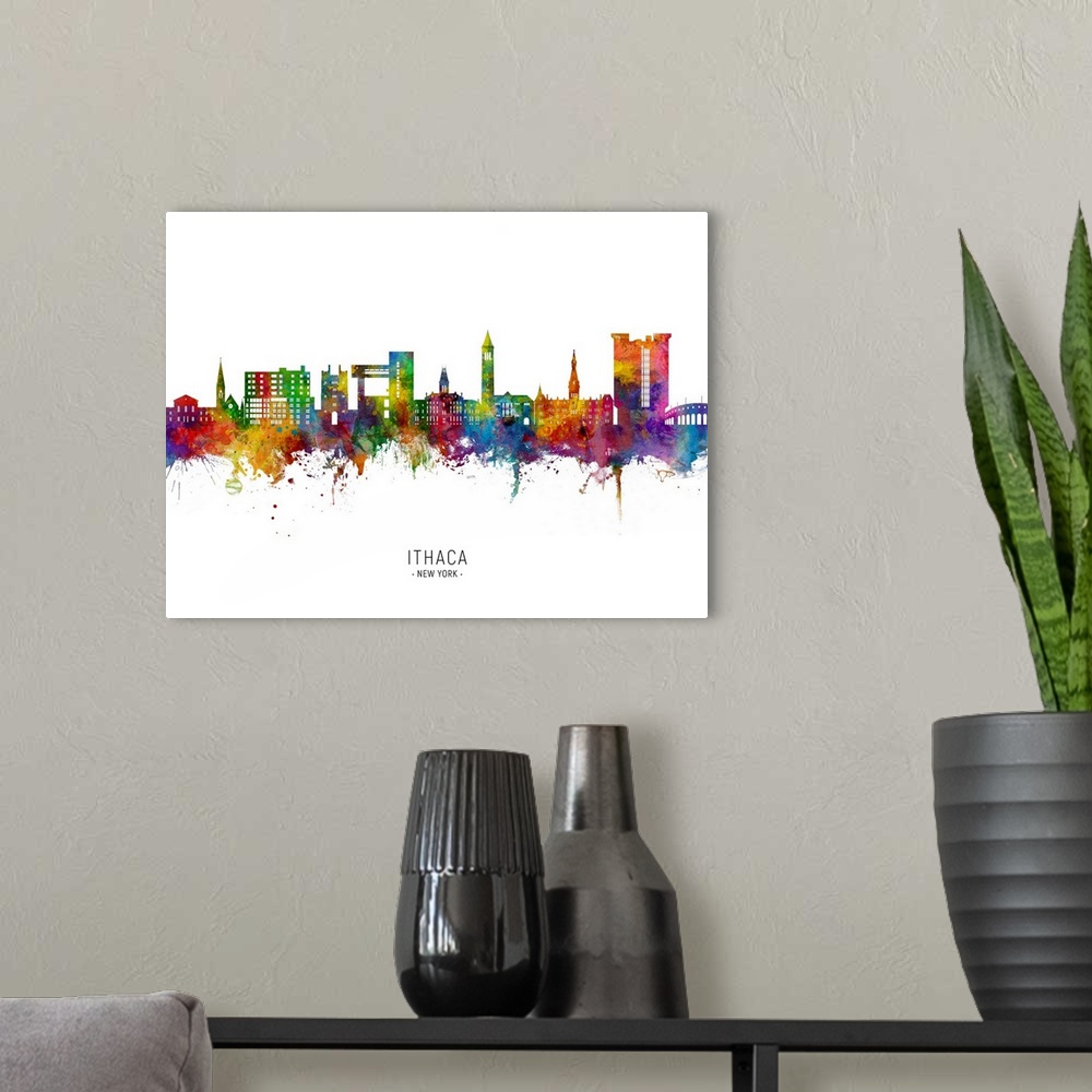 A modern room featuring Watercolor art print of the skyline of Ithaca, New York, United States