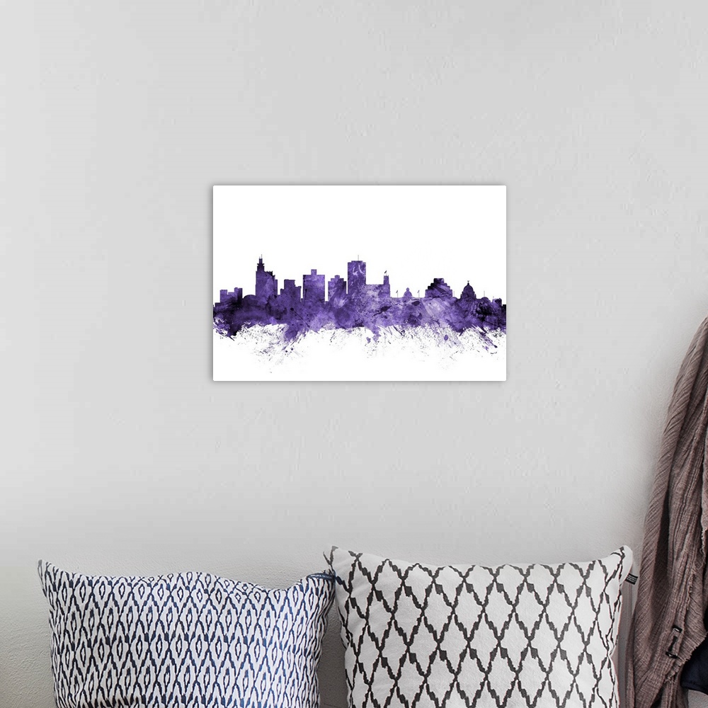 A bohemian room featuring Watercolor art print of the skyline of Jackson, Mississippi, United States