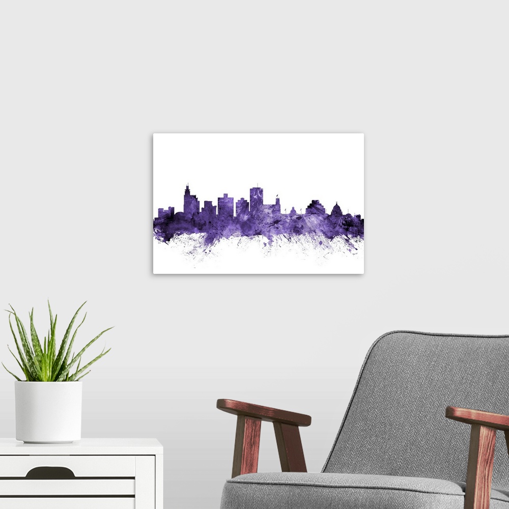 A modern room featuring Watercolor art print of the skyline of Jackson, Mississippi, United States