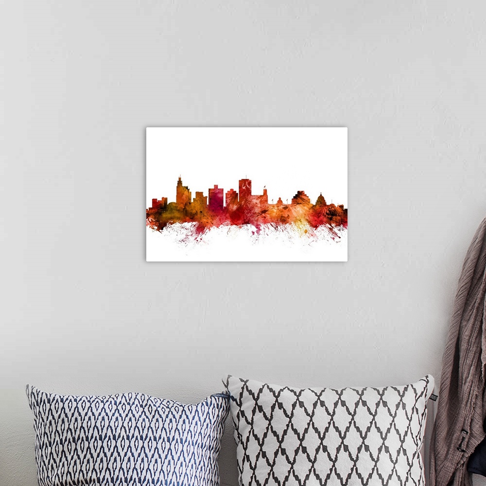 A bohemian room featuring Watercolor art print of the skyline of Jackson, Mississippi, United States.