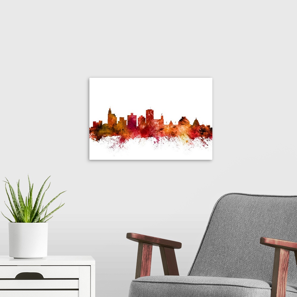 A modern room featuring Watercolor art print of the skyline of Jackson, Mississippi, United States.
