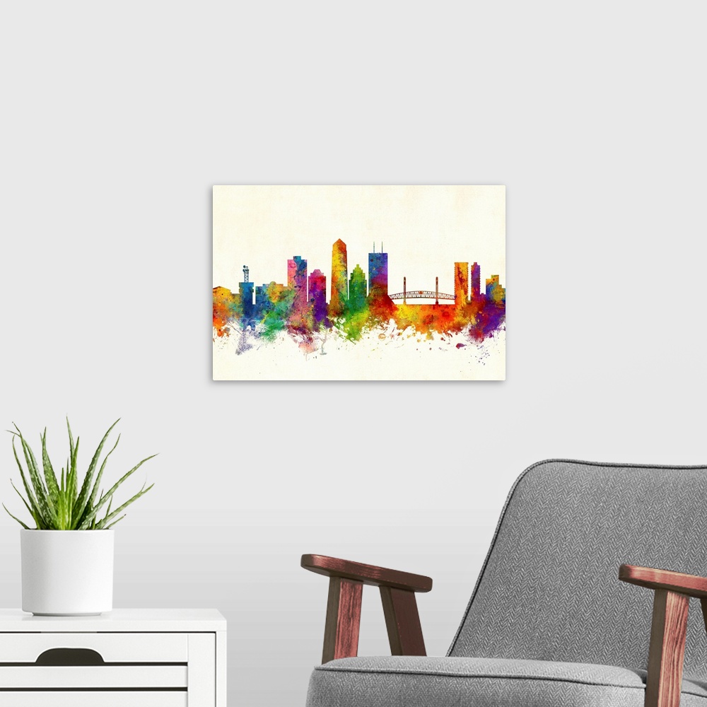 A modern room featuring Watercolor art print of the skyline of Jacksonville, Florida, United States