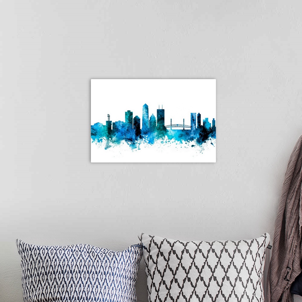 A bohemian room featuring Watercolor art print of the skyline of Jacksonville, Florida, United States.