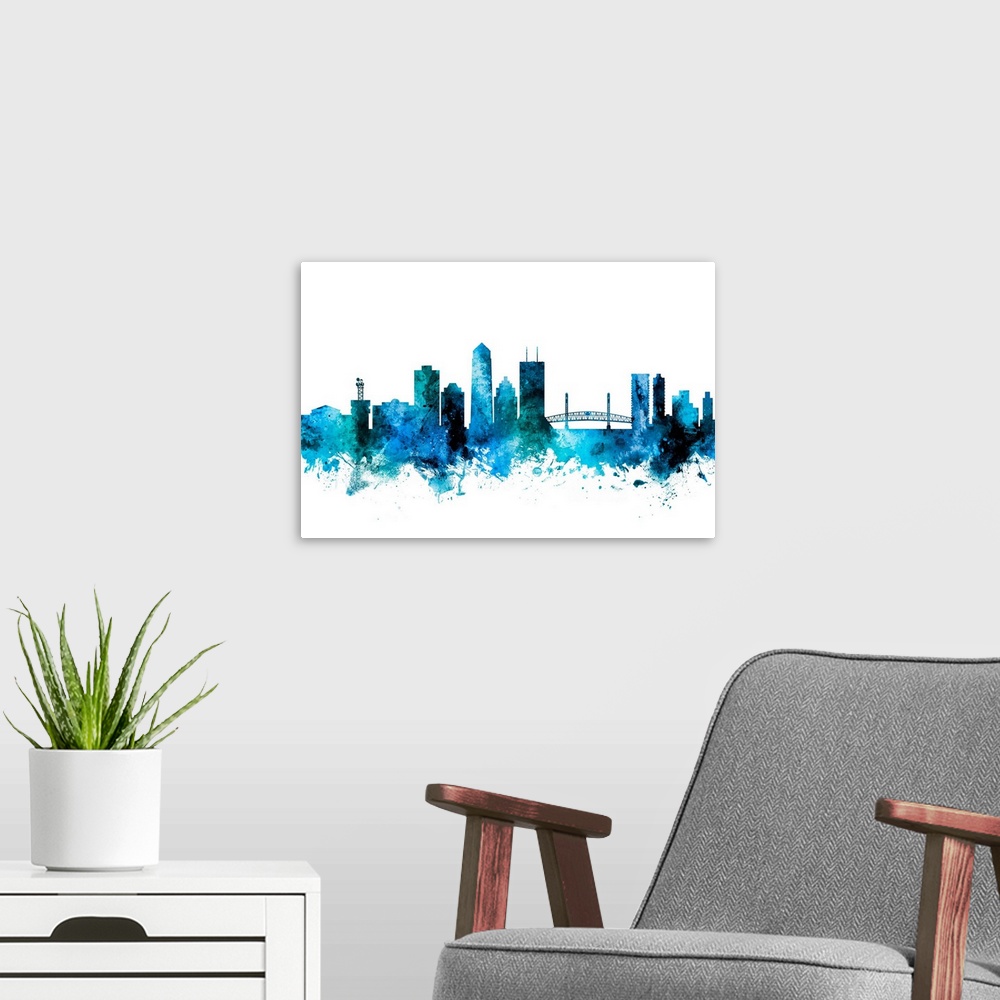 A modern room featuring Watercolor art print of the skyline of Jacksonville, Florida, United States.