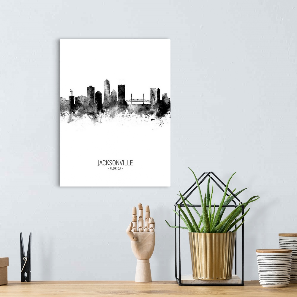 A bohemian room featuring Watercolor art print of the skyline of Jacksonville, Florida, United States