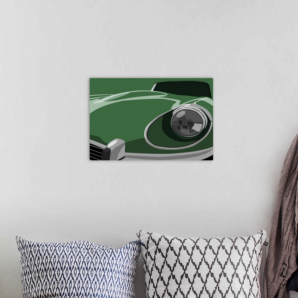 A bohemian room featuring Contemporary artwork that is a close up of the front of a jaguar car. The hood, left head light a...