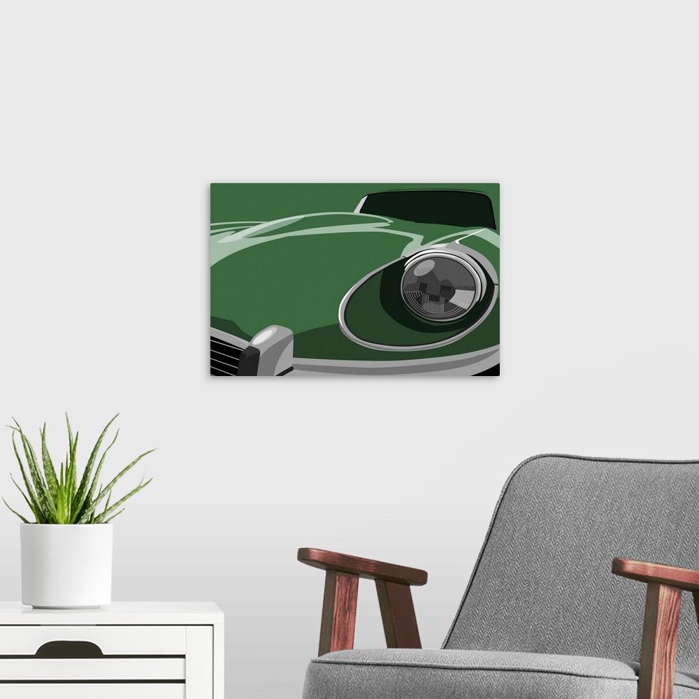 A modern room featuring Contemporary artwork that is a close up of the front of a jaguar car. The hood, left head light a...