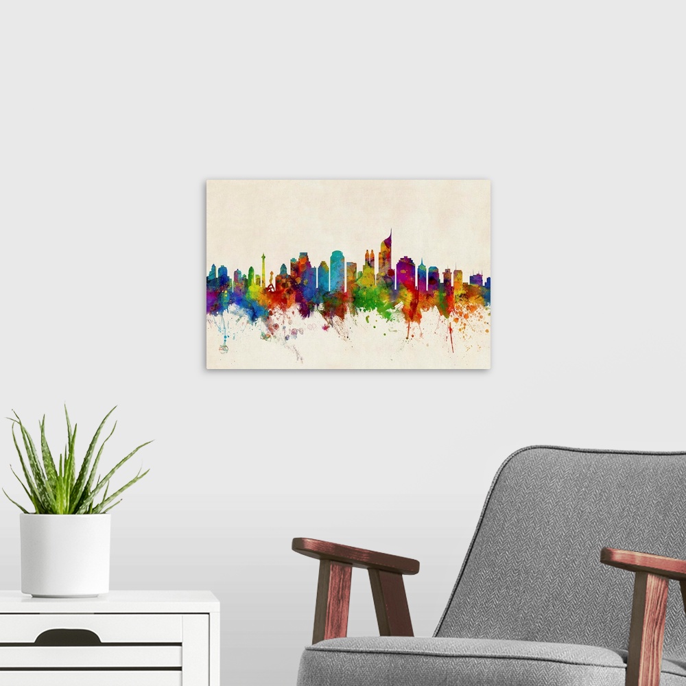 A modern room featuring Watercolor art print of the skyline of Jakarta, Indonesia