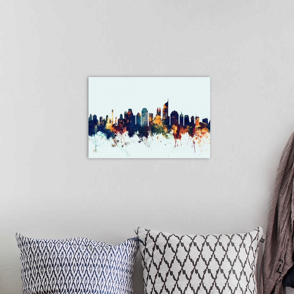 A bohemian room featuring Watercolor art print of the skyline of Jakarta, Indonesia
