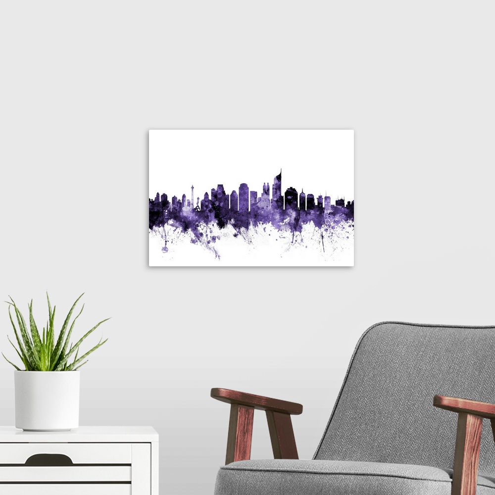 A modern room featuring Watercolor art print of the skyline of Jakarta, Indonesia
