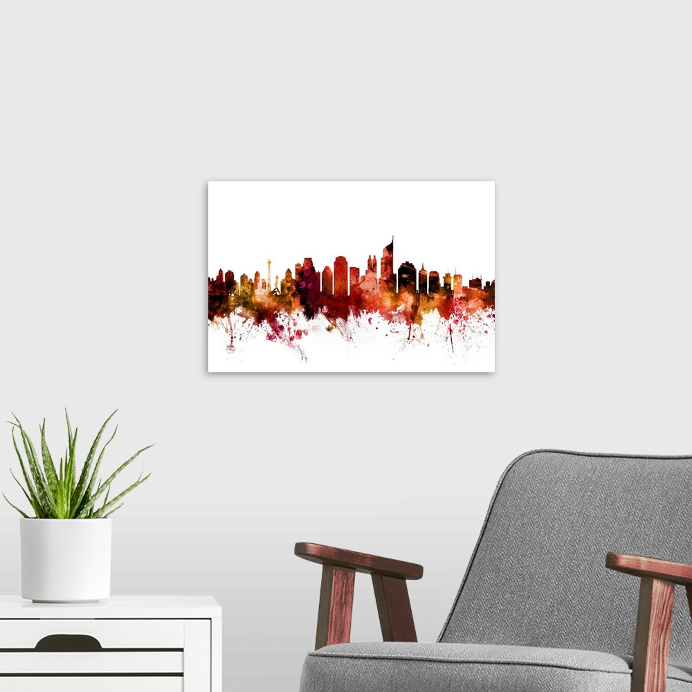 A modern room featuring Watercolor art print of the skyline of Jakarta, Indonesia.