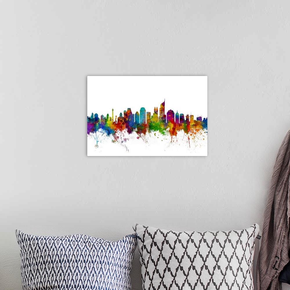 A bohemian room featuring Watercolor art print of the skyline of Jakarta, Indonesia.
