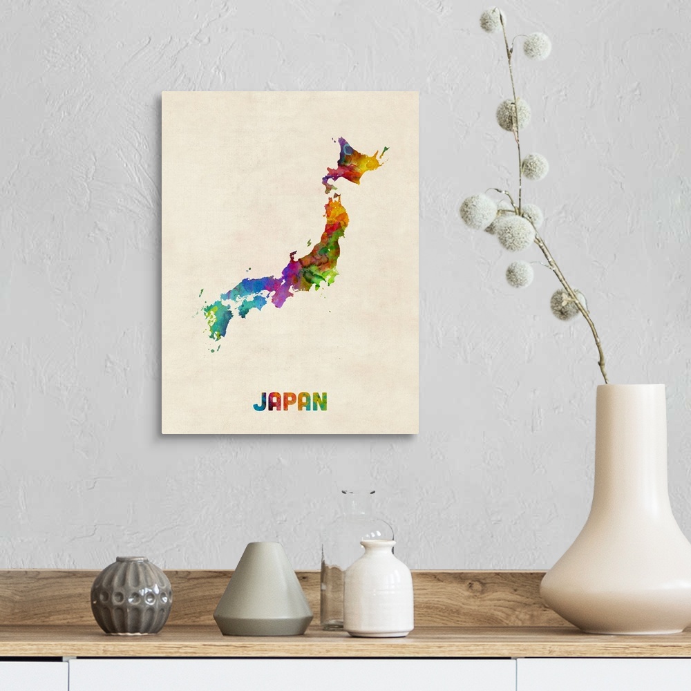 A farmhouse room featuring A watercolor map of Japan.
