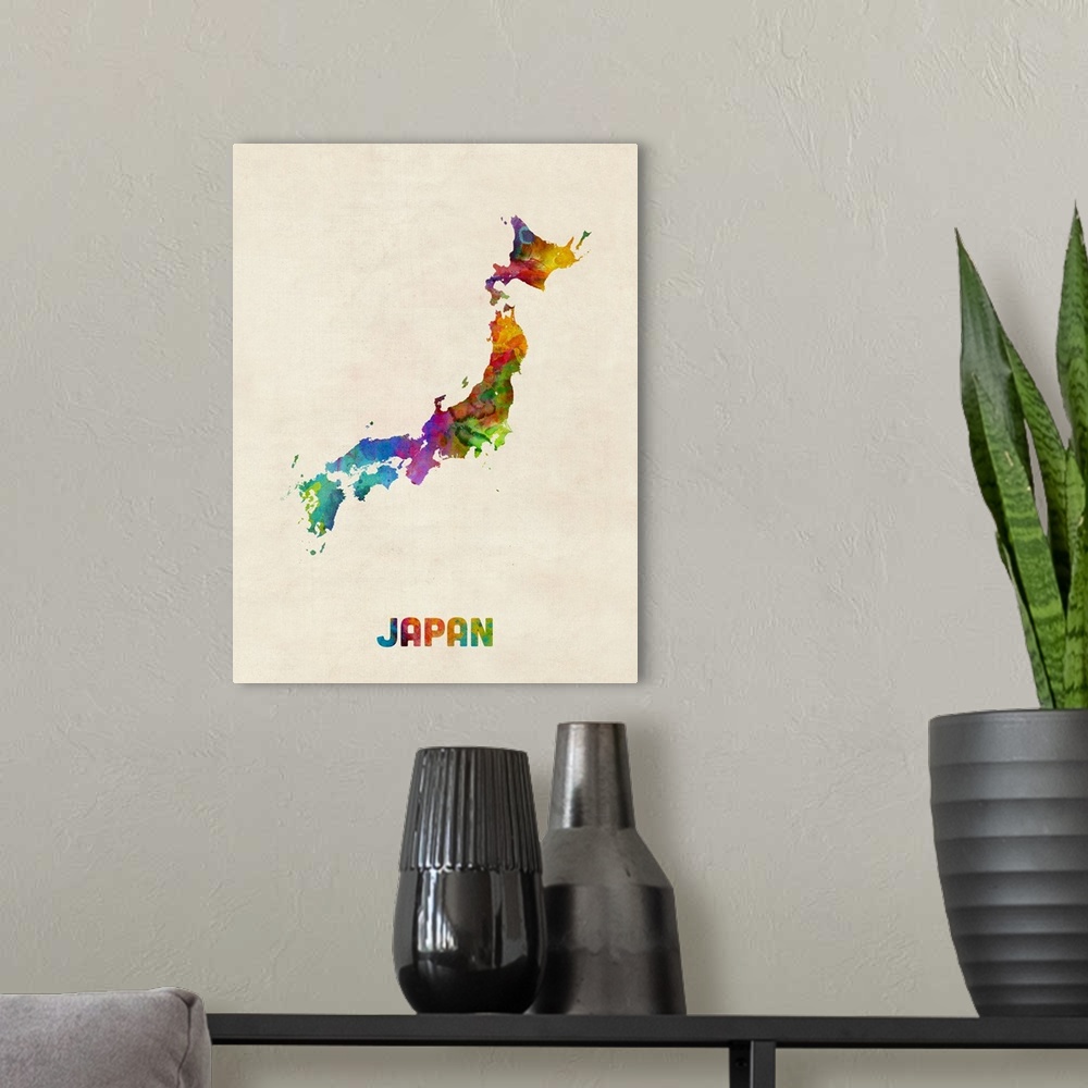 A modern room featuring A watercolor map of Japan.