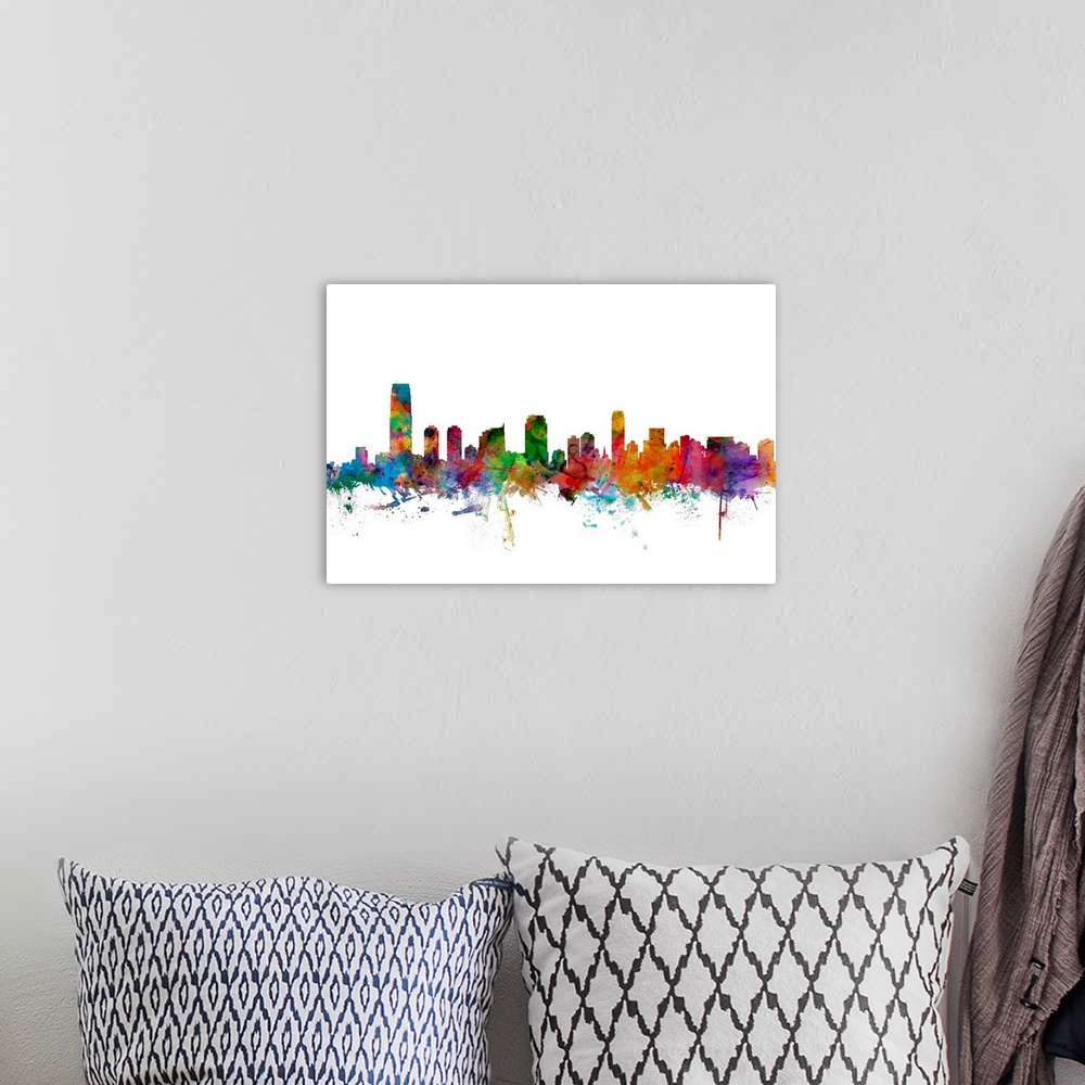 A bohemian room featuring Watercolor artwork of the Jersey City skyline against a white background.