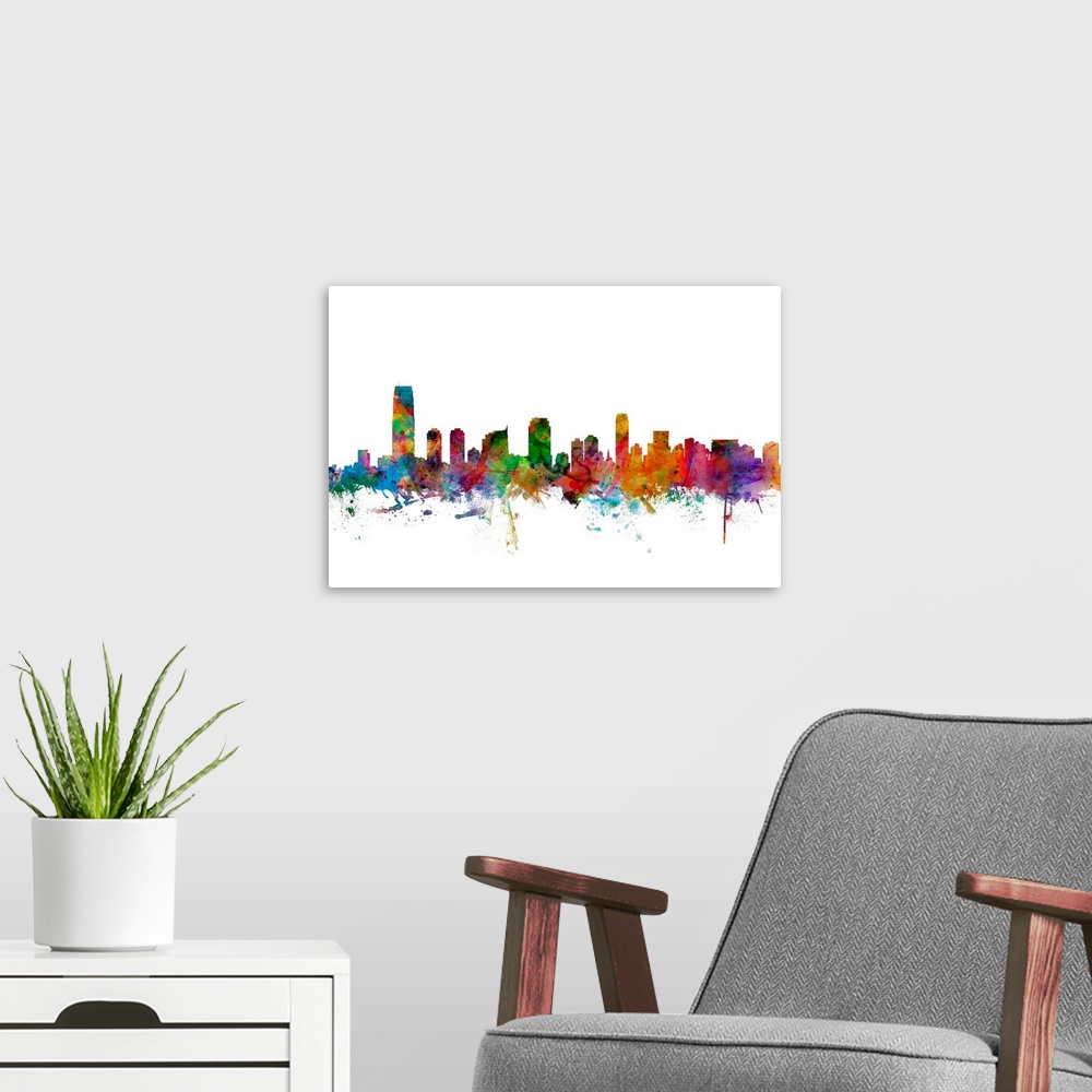 A modern room featuring Watercolor artwork of the Jersey City skyline against a white background.