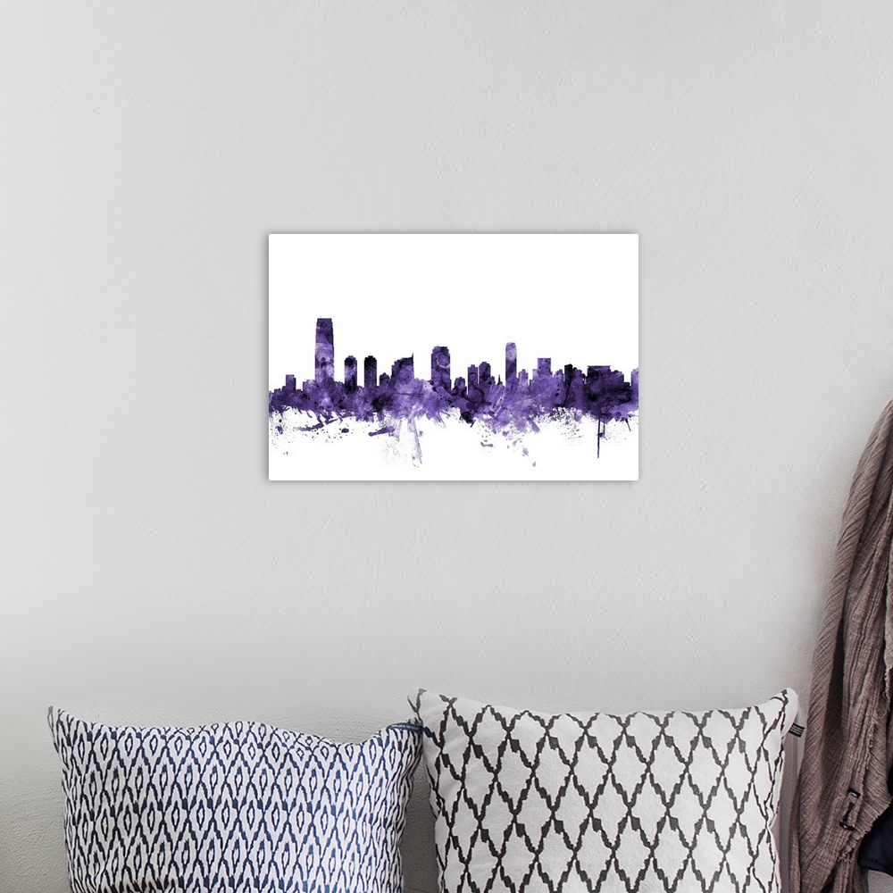 A bohemian room featuring Watercolor art print of the skyline of Jersey City, New Jersey, United States