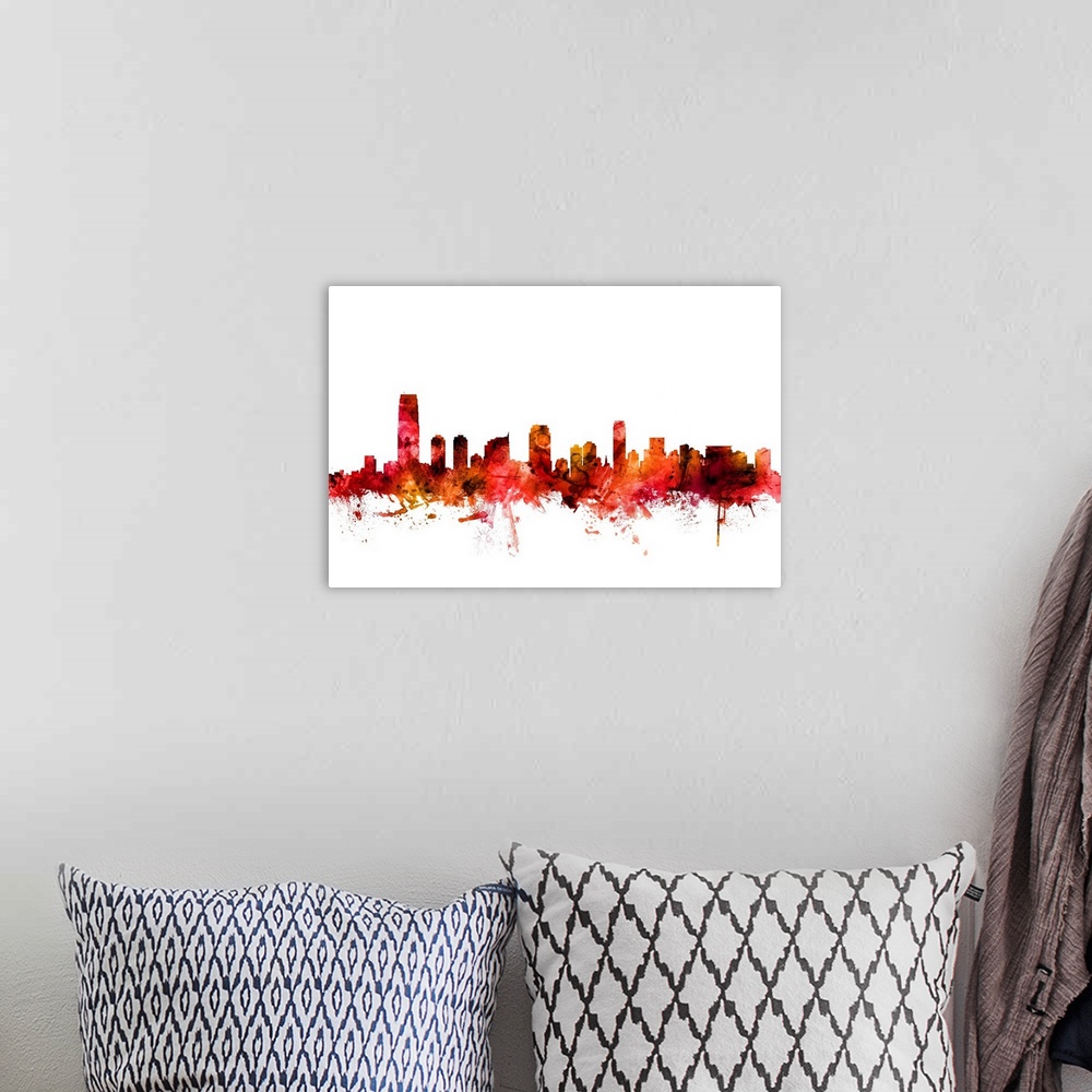 A bohemian room featuring Watercolor art print of the skyline of Jersey City, New Jersey, United States.