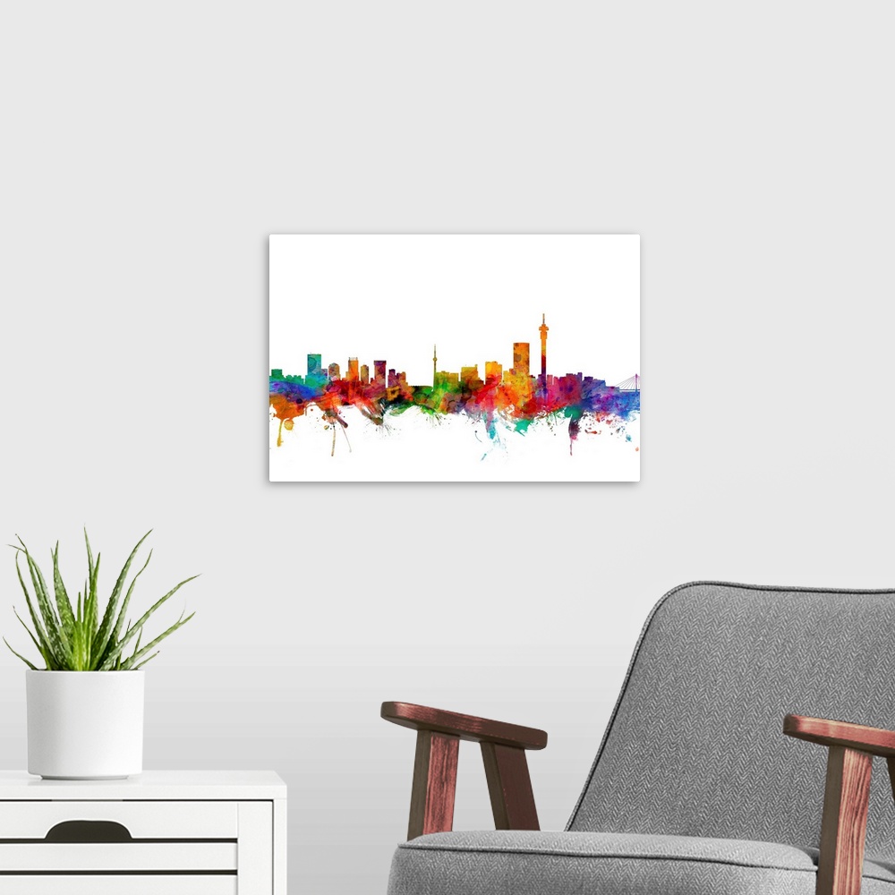 A modern room featuring Watercolor artwork of the Johannesburg skyline against a white background.