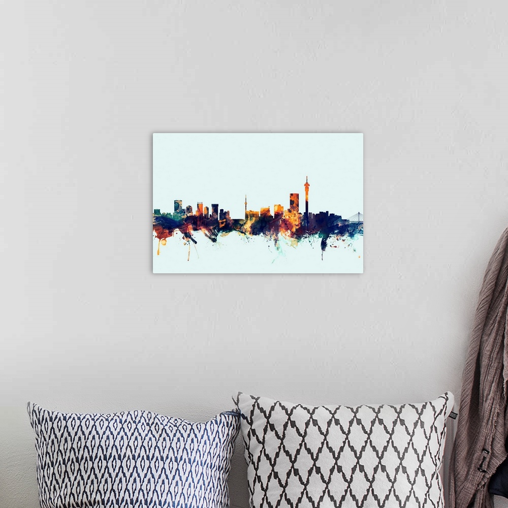 A bohemian room featuring Dark watercolor silhouette of the Johannesburg city skyline against a light blue background.