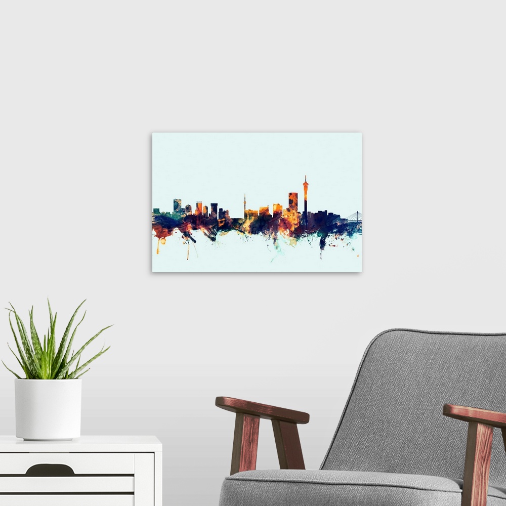 A modern room featuring Dark watercolor silhouette of the Johannesburg city skyline against a light blue background.