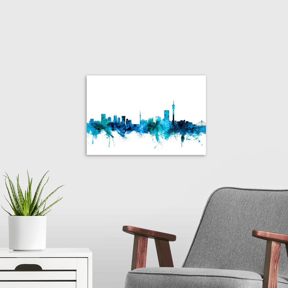 A modern room featuring Watercolor art print of the skyline of Johannesburg, South Africa.