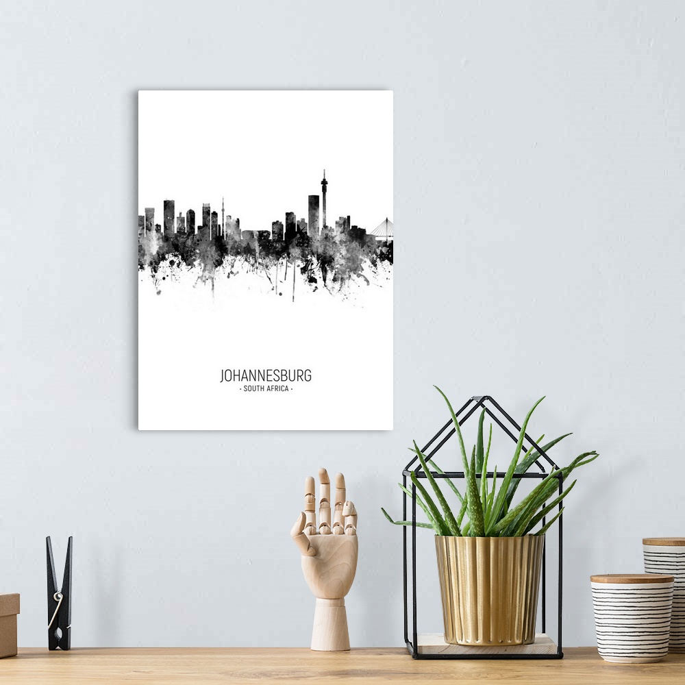 A bohemian room featuring Watercolor art print of the skyline of Johannesburg, South Africa