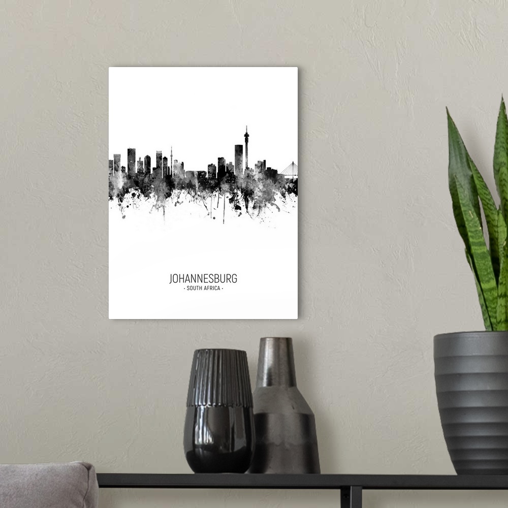 A modern room featuring Watercolor art print of the skyline of Johannesburg, South Africa