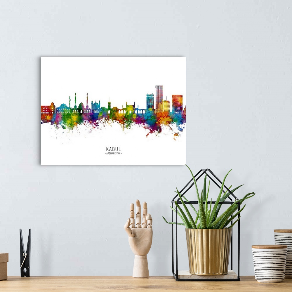 A bohemian room featuring Watercolor art print of the skyline of Kabul, Afghanistan
