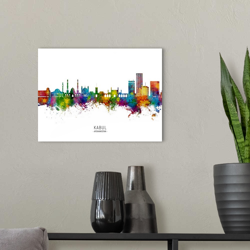 A modern room featuring Watercolor art print of the skyline of Kabul, Afghanistan