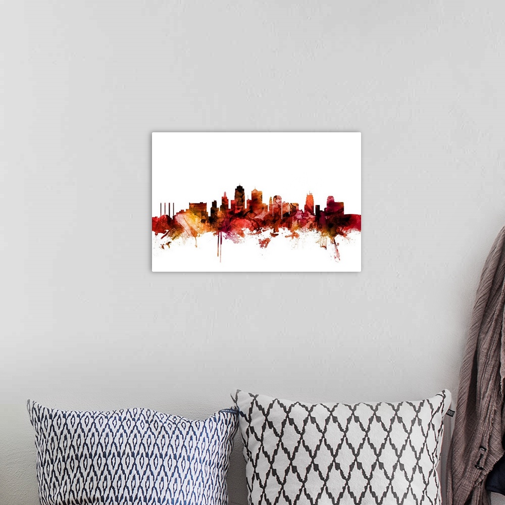 A bohemian room featuring Watercolor art print of the skyline of Kansas City, Missouri, United States.