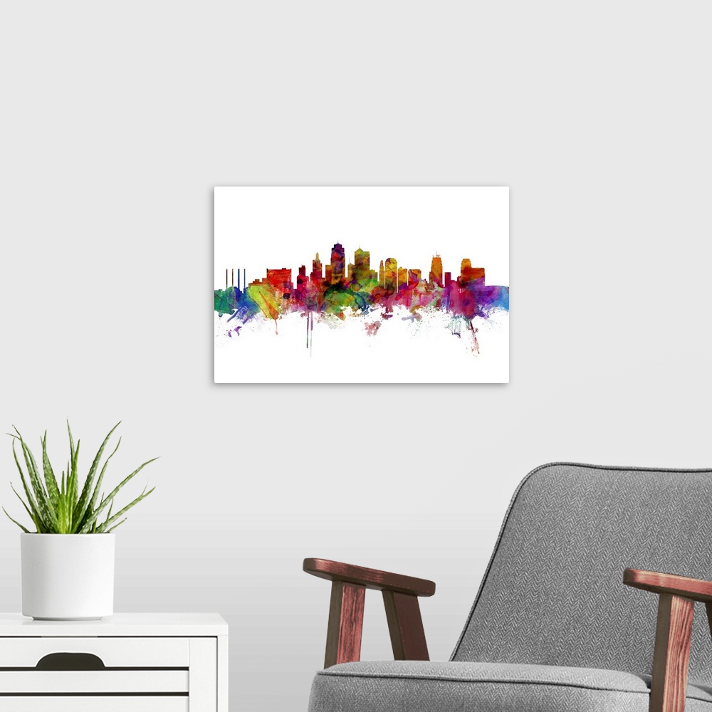 A modern room featuring Watercolor art print of the skyline of Kansas City, Missouri, United States