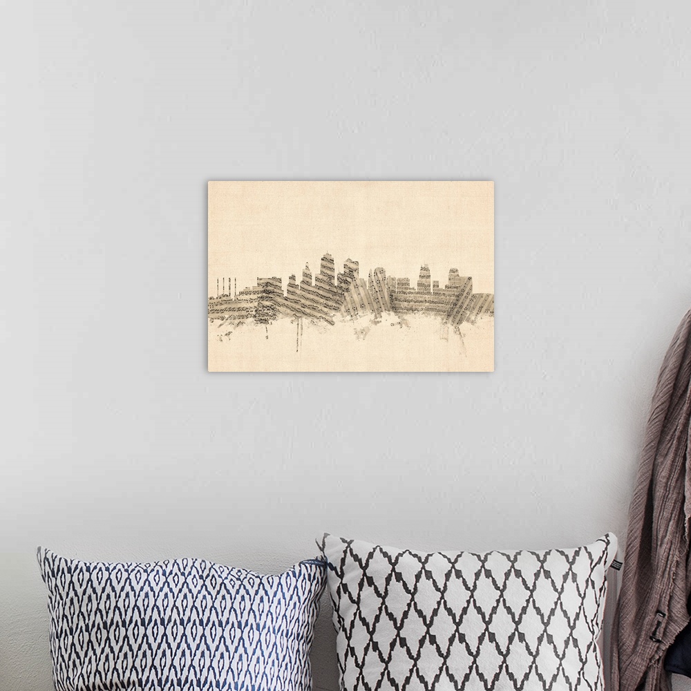 A bohemian room featuring Sheet Music art print of the skyline of Kansas City, Missouri, United States.