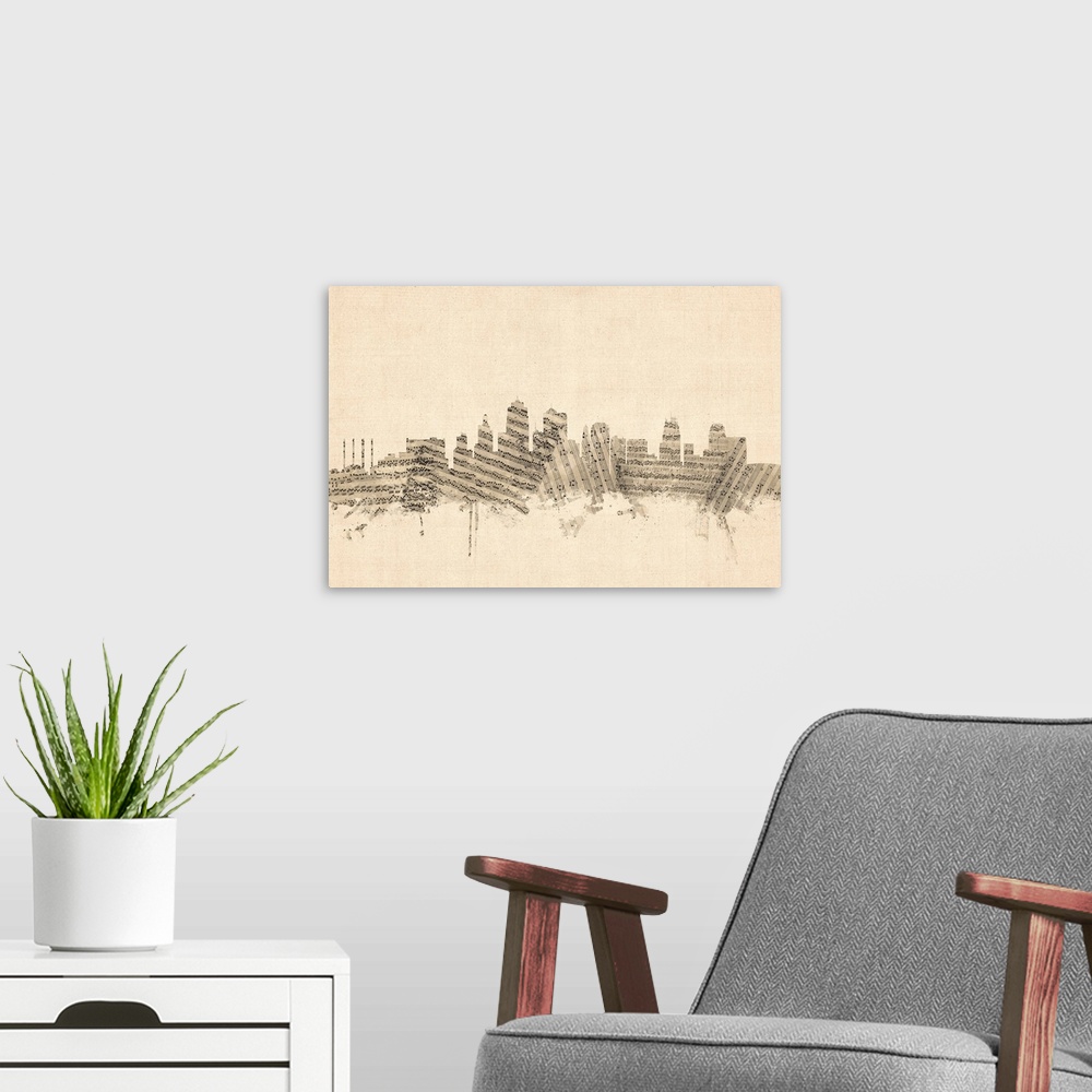 A modern room featuring Sheet Music art print of the skyline of Kansas City, Missouri, United States.