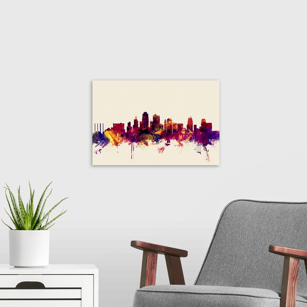 A modern room featuring Contemporary artwork of the Kansas City skyline in watercolor paint splashes.