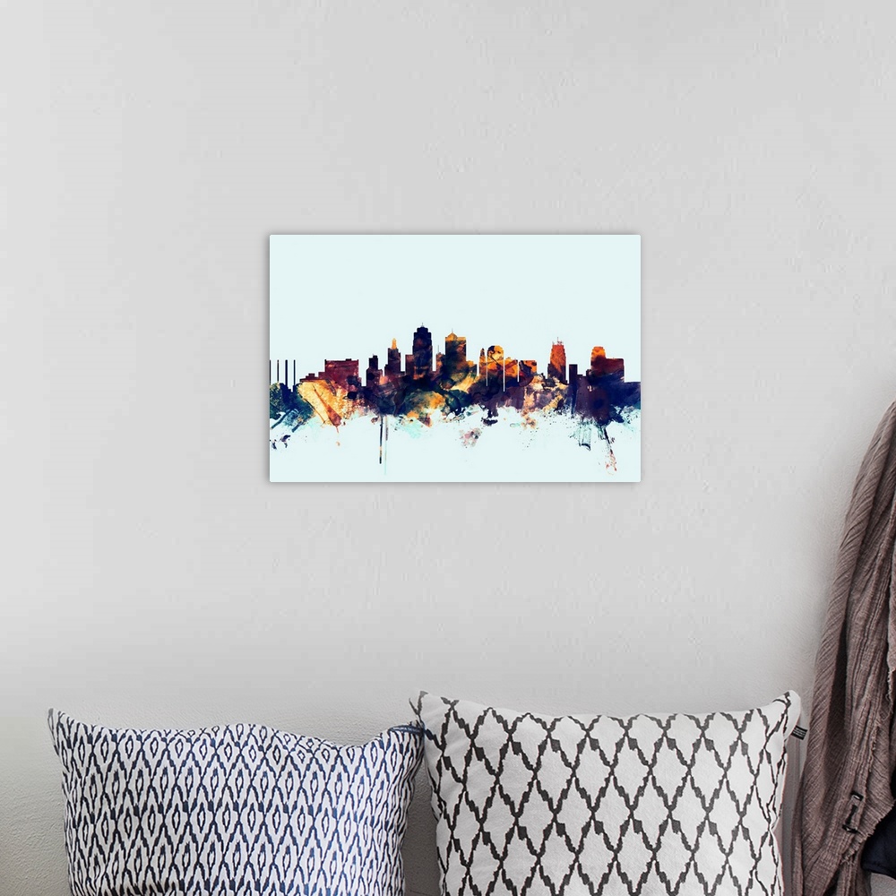 A bohemian room featuring Dark watercolor silhouette of the Kansas city skyline against a light blue background.